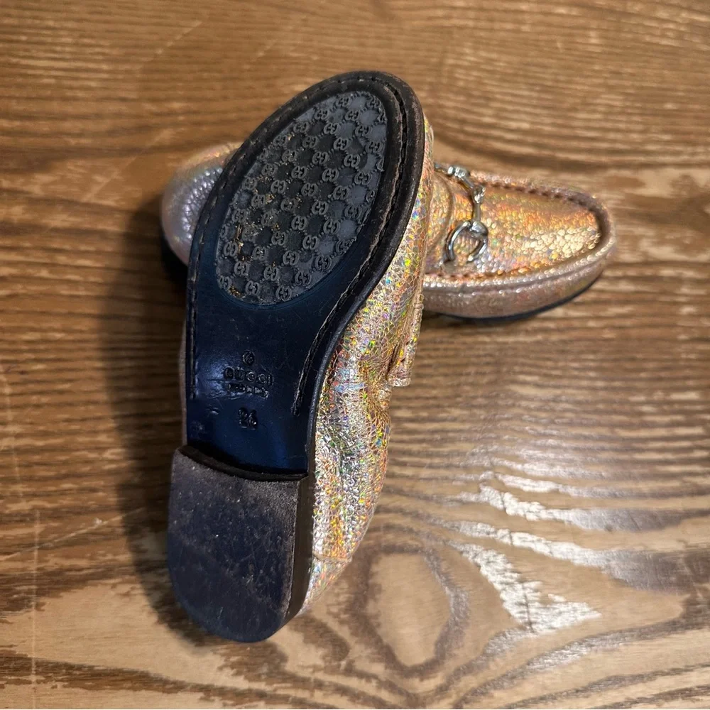 Gucci Kids Holographic Iridescent Horsebit Loafers - Pink Gold Tone Size 26EU